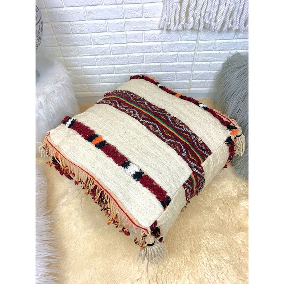 Handmade Moroccan Berber Kilim Pouf: Tassel Floor Pillow 03YS00143 - Picture 3 of 8
